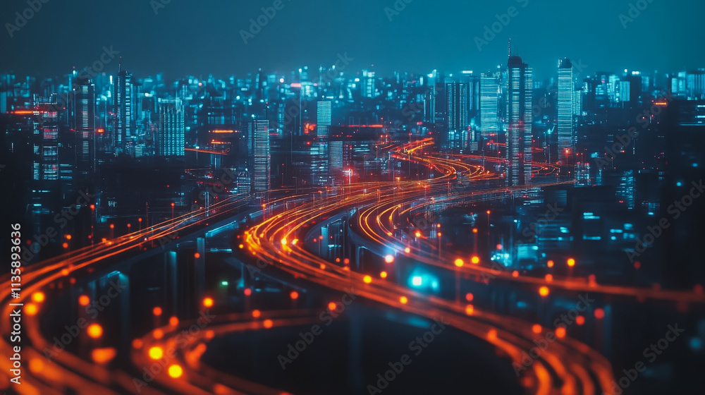 Fototapeta premium Smart digital Innovation city with connection network reciprocity over the cityscape. of future smart wireless digital city and social media networking systems that connects people with in city
