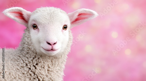 Adorable Lamb  Fluffy White Fur  Pink Pastel Background  Cute Animal Portrait photo