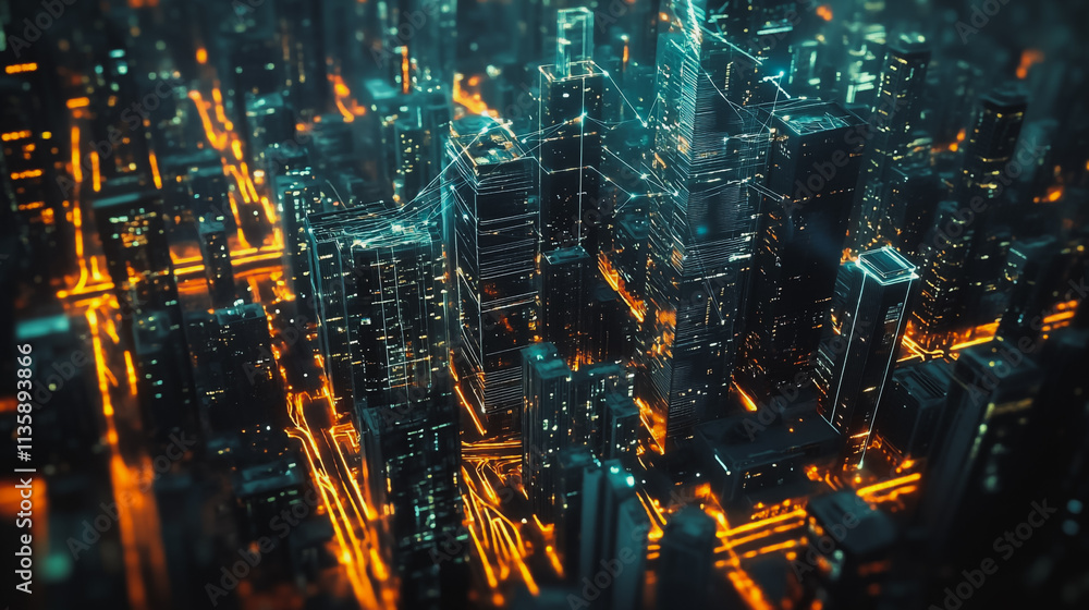 Obraz premium Smart digital Innovation city with connection network reciprocity over the cityscape. of future smart wireless digital city and social media networking systems that connects people with in city