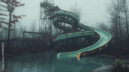 Abandoned water park features a green waterslide surrounded by fog and overgrown trees photo