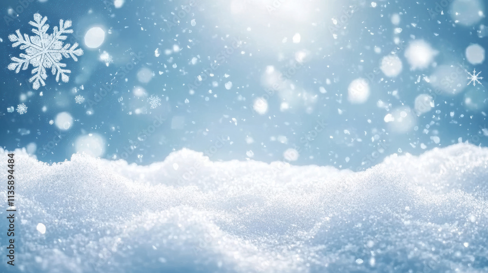 Fototapeta premium Snowflakes fluttering, the ground covered in snow