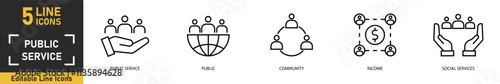 Public Service line icon set. Set of 5 outline icons related to public service, public, community, income, social services and more. Vector illustration.