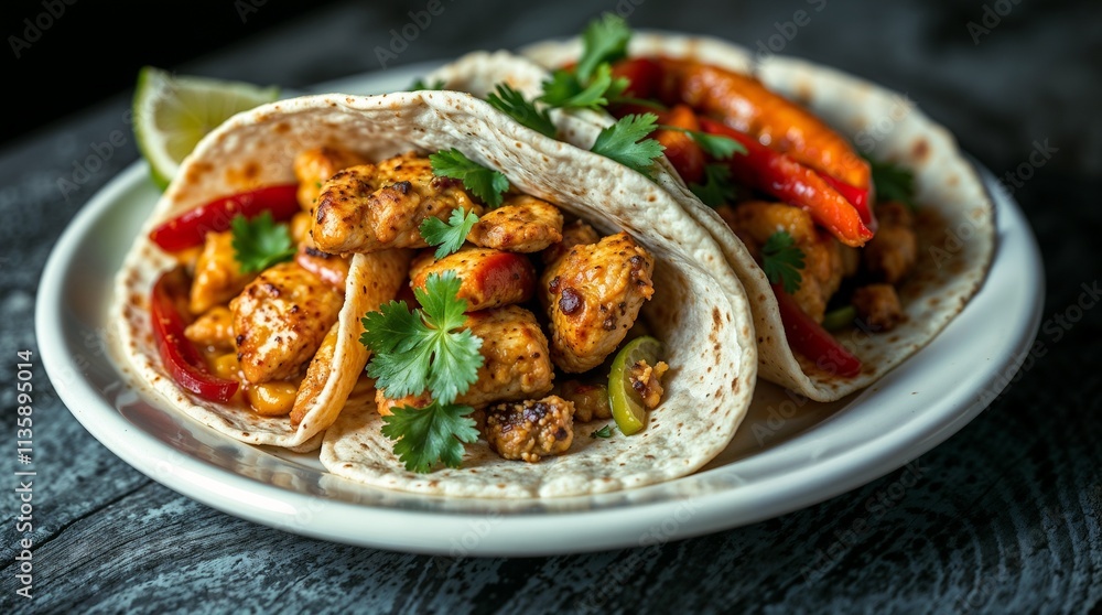 Savory chicken fajitas wrapped in tortillas garnished with peppers and cilantro on a plate Savory chicken fajitas wrapped in tortillas garnished with peppers and cilantro on a plate