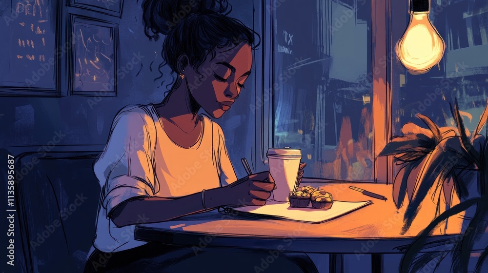 Woman writing in cafe at night. Woman writing in cafe at night.