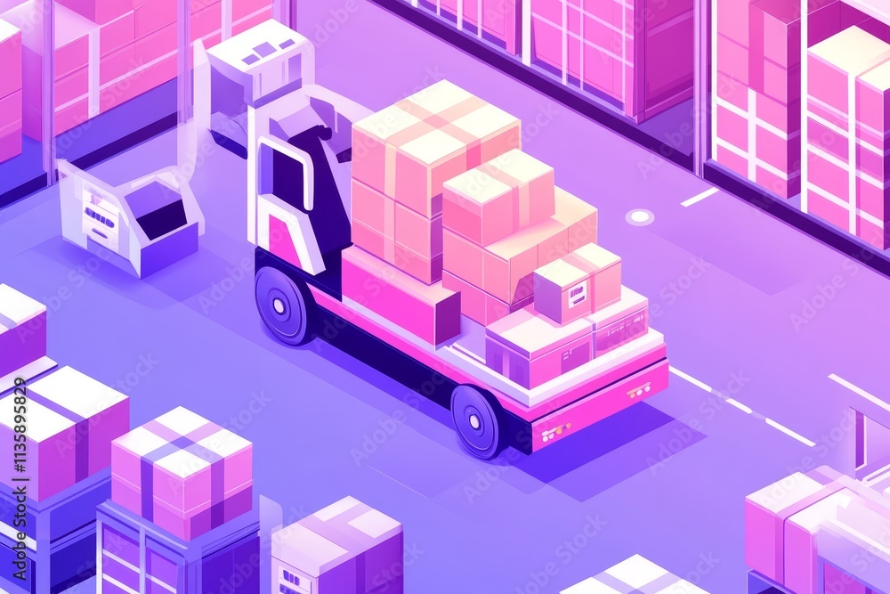 Fototapeta premium Isometric Illustration of a Forklift in a Colorful Warehouse with Stacked Boxes and Pallets Surrounded by Various Shipping Containers and Storage Racks