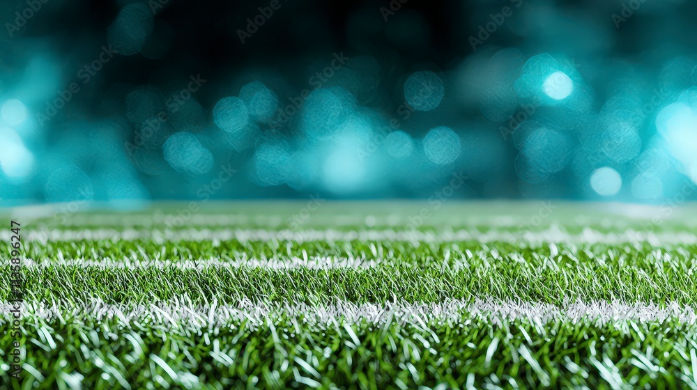 Naklejka premium Green Grass Football Field Night Game Stadium Lights Blur