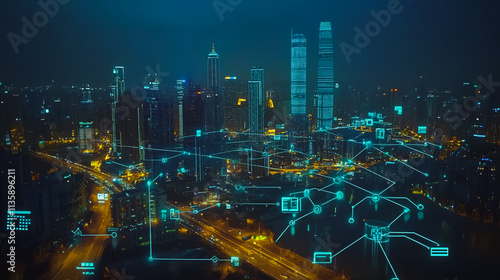 Wallpaper Mural Smart digital Innovation city with connection network reciprocity over the cityscape. of future smart wireless digital city and social media networking systems that connects people with in city Torontodigital.ca