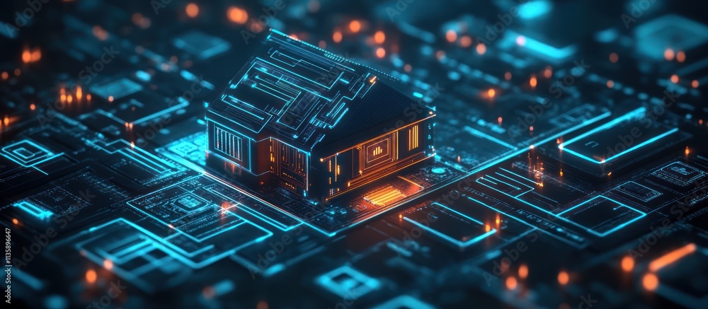 A futuristic 3D model of a house sits atop a glowing, intricate circuit board. A futuristic 3D model of a house sits atop a glowing, intricate circuit board.