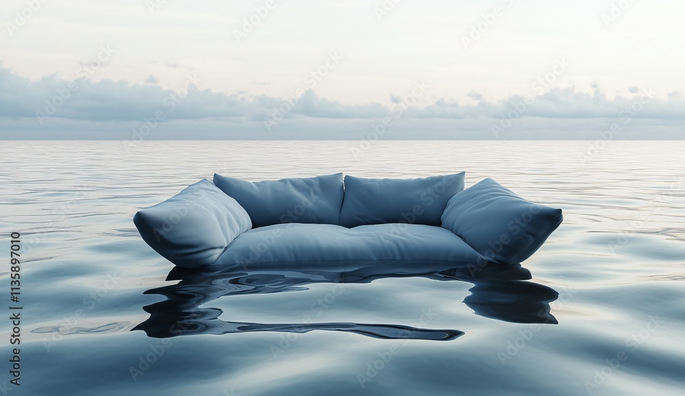 Fototapeta premium Serene Sofa Floating on Calm Ocean Waters at Sunset