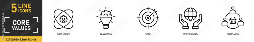 Core Values line icon set. Set of 5 outline icons related to core values, innovation, goals, responsibility, customers and more. Vector illustration. Core Values line icon set. Set of 5 outline icons related to core values, innovation, goals, responsibility, customers and more. Vector illustration.