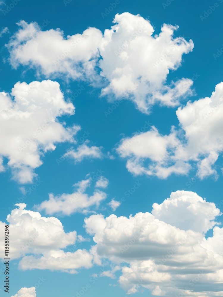 Panoramic view of fluffy clouds against a vibrant blue sky, celestial Panoramic view of fluffy clouds against a vibrant blue sky, celestial