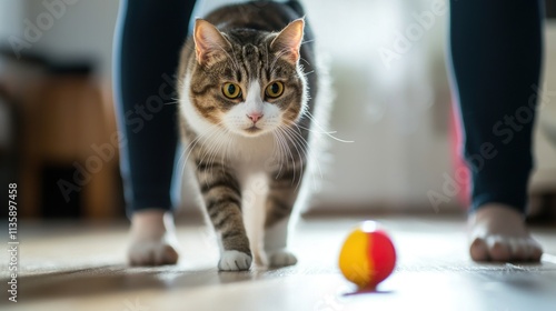 A cat cautiously approaching a new toy, glancing back nervously at its owner. photo