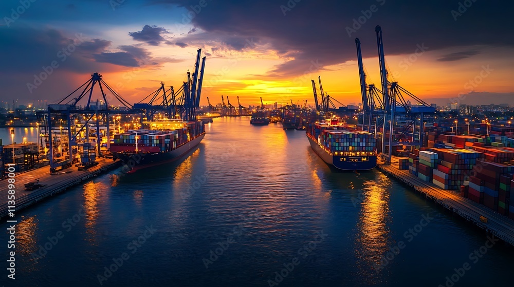 Container Ships at Port Sunset. Global Trade and Logistics. Container Ships at Port Sunset. Global Trade and Logistics.