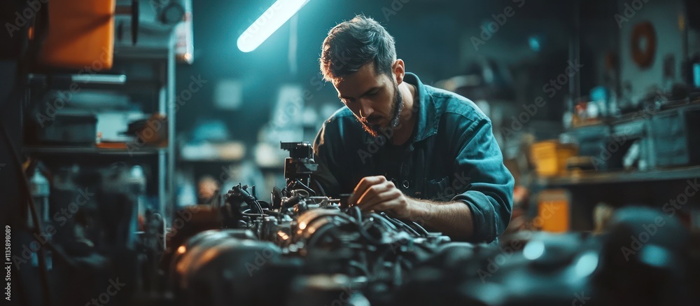 A mechanic working on a car engine in his garage. A mechanic working on a car engine in his garage.