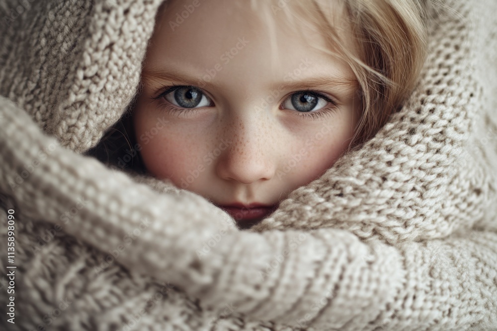 Little Girl Wrapped In A Warm Knitted Sweater Little Girl Wrapped In A Warm Knitted Sweater