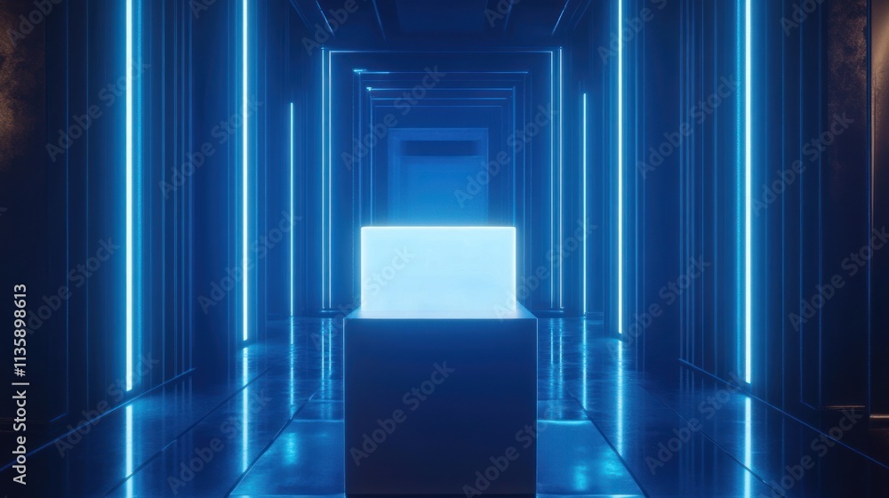 Illuminated Cube in a Futuristic Blue Corridor Illuminated Cube in a Futuristic Blue Corridor