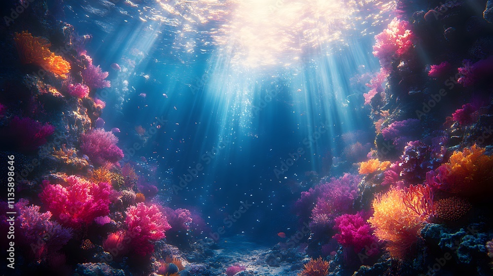 Fototapeta premium Underwater Sea - Deep Water Abyss With Blue Sun light