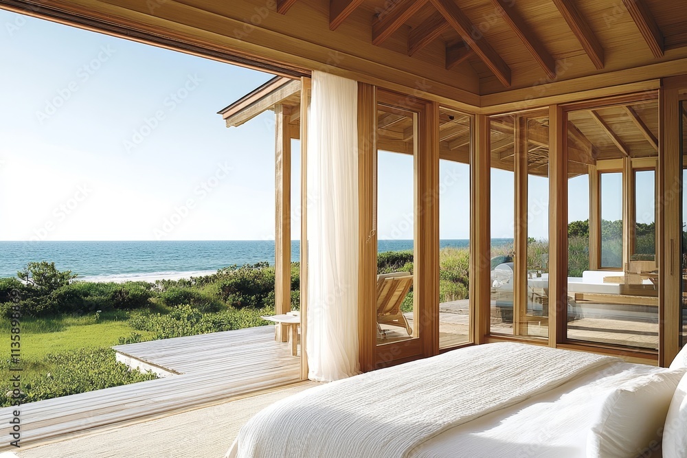 Modern Coastal Bedroom with Panoramic Ocean View and Abundant Natural Light, Showcasing Sleek Design, Serenity, and Relaxation in a Peaceful Beachside Escape Modern Coastal Bedroom with Panoramic Ocean View and Abundant Natural Light, Showcasing Sleek Design, Serenity, and Relaxation in a Peaceful Beachside Escape