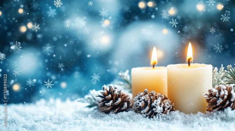 Christmas candles light up, snowflakes dance in the air Christmas candles light up, snowflakes dance in the air