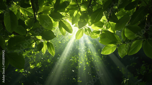 A tranquil view of sunlight streaming through vibrant green leaves, creating a serene and refreshing atmosphere in a forest setting.