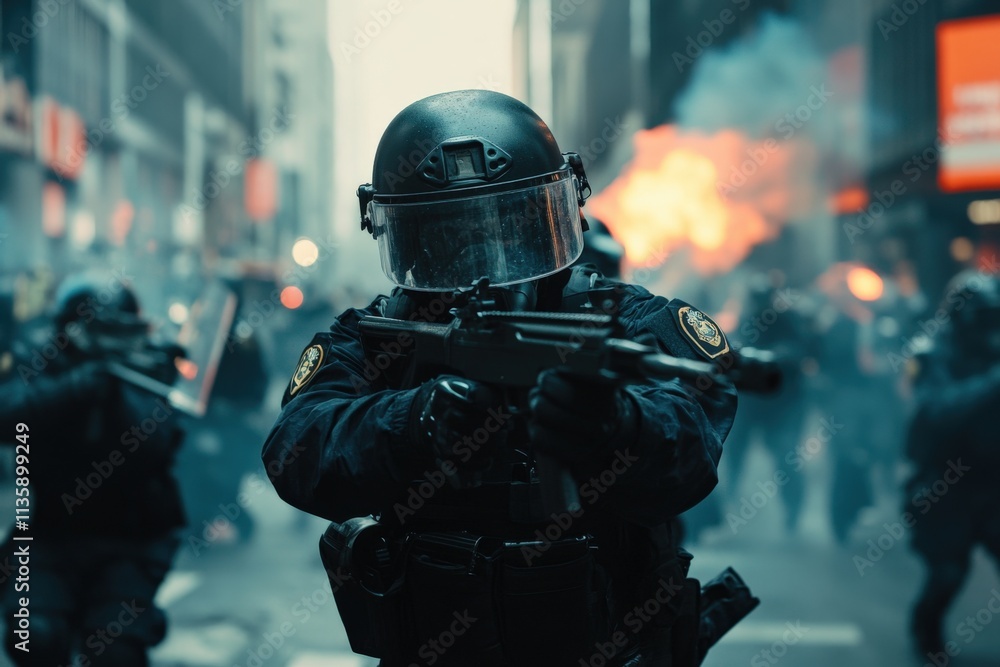 Riot police in tactical gear on urban street with fire in the background Riot police in tactical gear on urban street with fire in the background