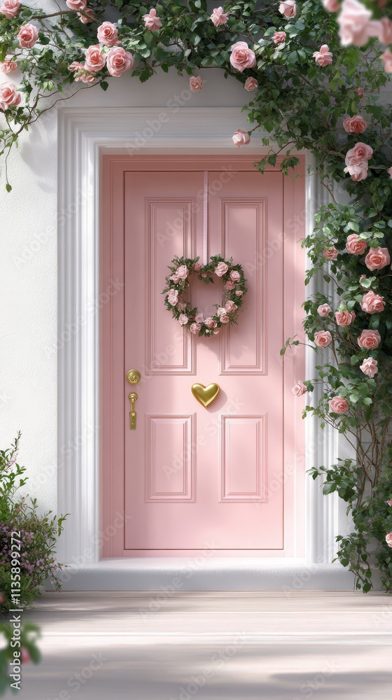 Elegant pink door framed by climbing roses and heart decor Elegant pink door framed by climbing roses and heart decor
