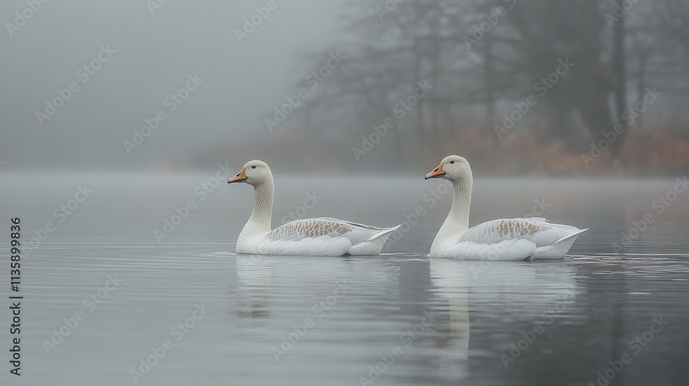Two Graceful Geese in Misty Lake: A Serene Winter Scene Two Graceful Geese in Misty Lake: A Serene Winter Scene