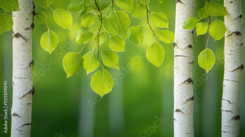 A serene scene featuring vibrant green leaves hanging from birch trees amidst a soft-focus background of lush greenery.