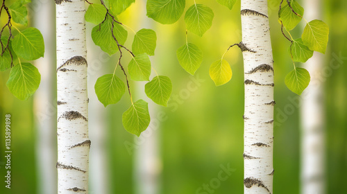 A serene image of birch trees with vibrant green leaves against a blurred green background, evoking a sense of tranquility and nature.