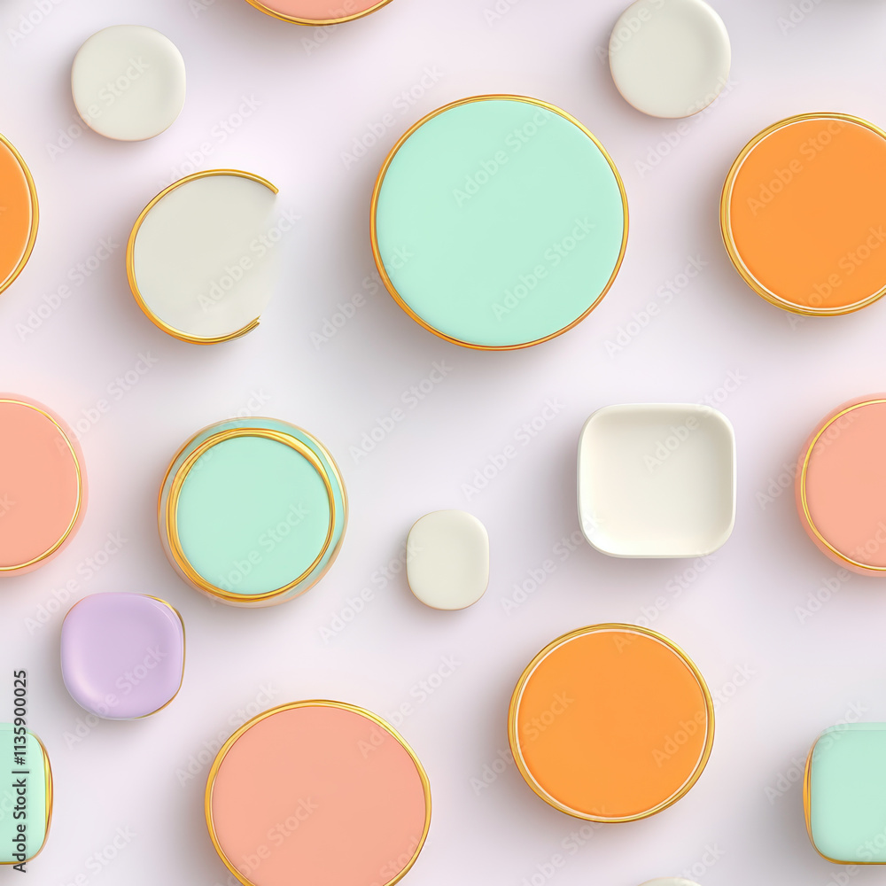 Colorful ceramic plates and bowls arranged in playful pattern, featuring pastel shades of mint green, peach, lavender, and cream, with gold accents Colorful ceramic plates and bowls arranged in playful pattern, featuring pastel shades of mint green, peach, lavender, and cream, with gold accents