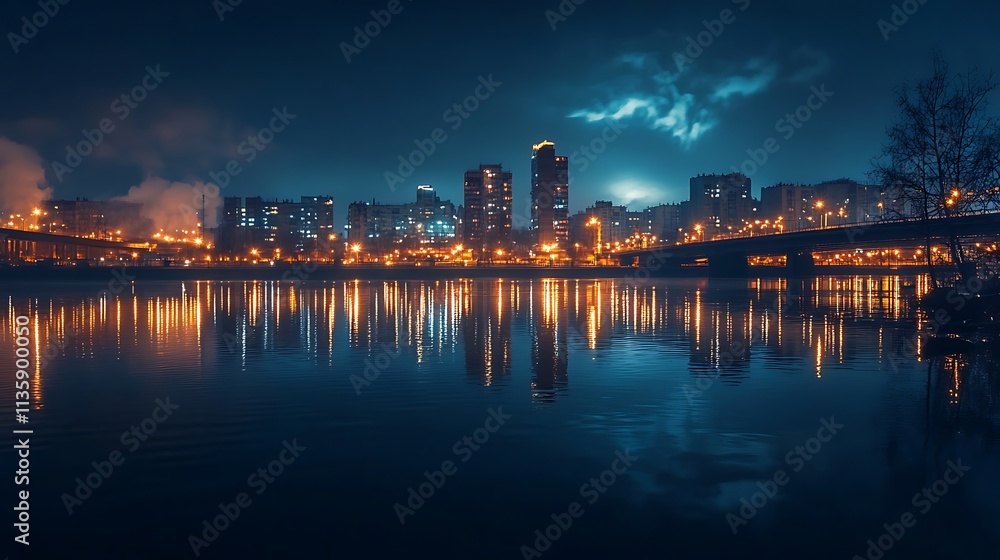 Cityscape at Night with Reflections. Urban Landscape, Night City, City Lights, River Reflections Cityscape at Night with Reflections. Urban Landscape, Night City, City Lights, River Reflections
