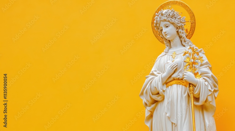 Serene statue of a woman, hands clasped, against a vibrant yellow backdrop. Serene statue of a woman, hands clasped, against a vibrant yellow backdrop.