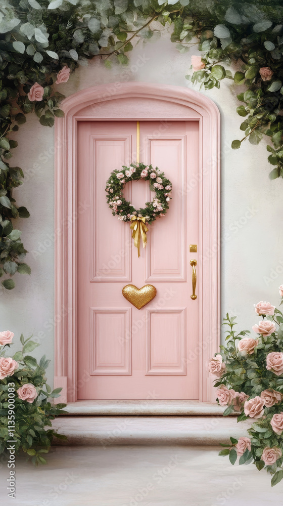 Elegant pink door framed by climbing roses and golden decor Elegant pink door framed by climbing roses and golden decor