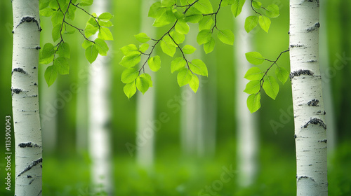 A serene forest scene featuring white birch trees surrounded by vibrant green leaves, creating a peaceful and refreshing atmosphere.