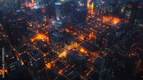 Smart digital Innovation city with connection network reciprocity over the cityscape. of future smart wireless digital city and social media networking systems that connects people with in city