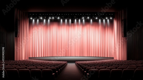 Empty Theater Stage  Pink Curtains  Spotlights  Auditorium Seats