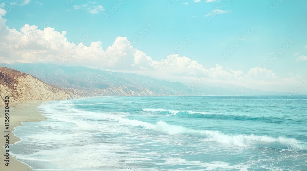 Serene Coastal Scene With Gentle Waves and Mountains