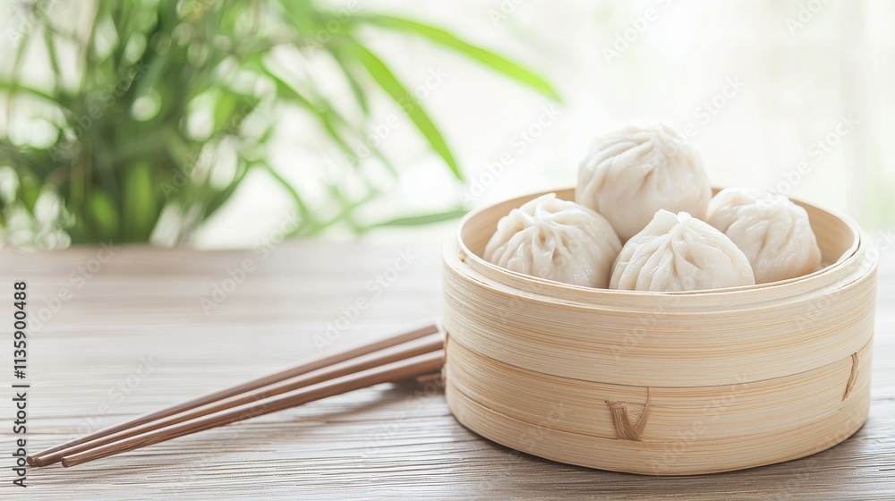 A bamboo steamer filled with dumplings and chopsticks on a wooden table. A bamboo steamer filled with dumplings and chopsticks on a wooden table.