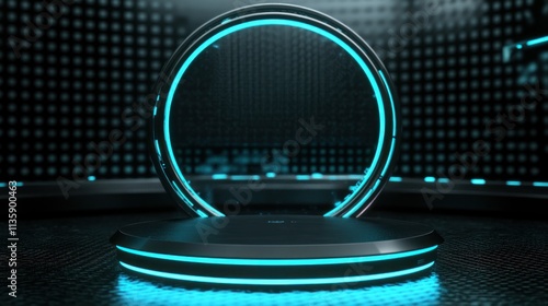 Futuristic Circular Platform With Neon Blue Lighting
