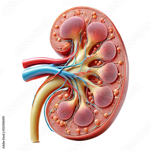 3D Medical Illustration of Human Kidney Anatomy Showing Renal Arteries, Veins, and Internal Structure