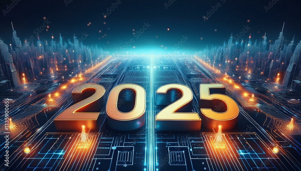 Golden 2025: Futuristic Cityscape on a Circuit Board Golden 2025: Futuristic Cityscape on a Circuit Board