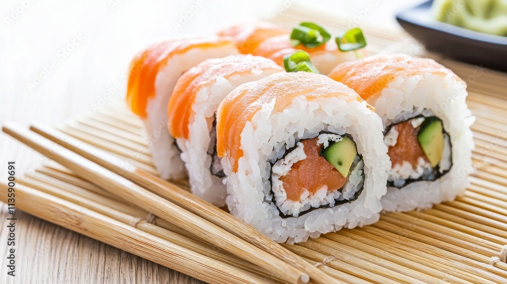 A close-up of sushi rolls with salmon, avocado, and rice, served with chopsticks. A close-up of sushi rolls with salmon, avocado, and rice, served with chopsticks.
