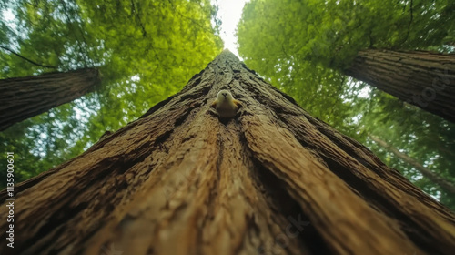 A majestic view of a tall tree's trunk, reaching upwards through a canopy of vibrant green leaves, showcasing nature's beauty.