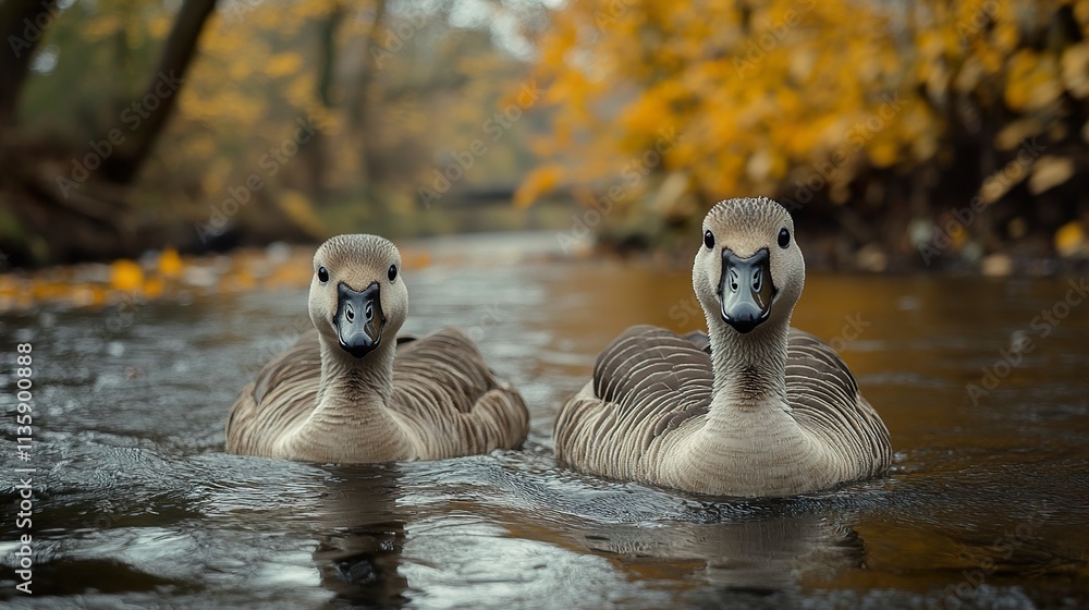 Fototapeta premium Two Geese in Autumn River: Wildlife Photography
