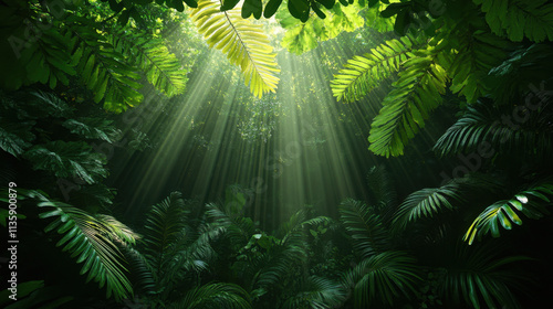 Lush green foliage filters sunlight, creating a serene atmosphere in a dense jungle, showcasing the beauty of nature.