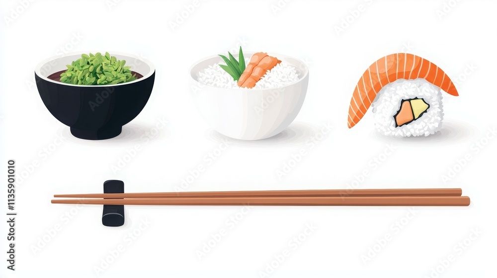 A minimalist illustration of sushi, rice, and miso soup with chopsticks. A minimalist illustration of sushi, rice, and miso soup with chopsticks.
