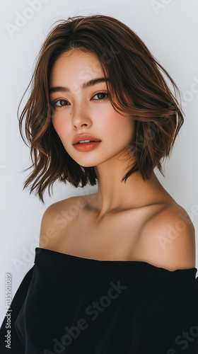 Wallpaper Mural Beautiful woman with bob cut hair posing in front of white background Torontodigital.ca