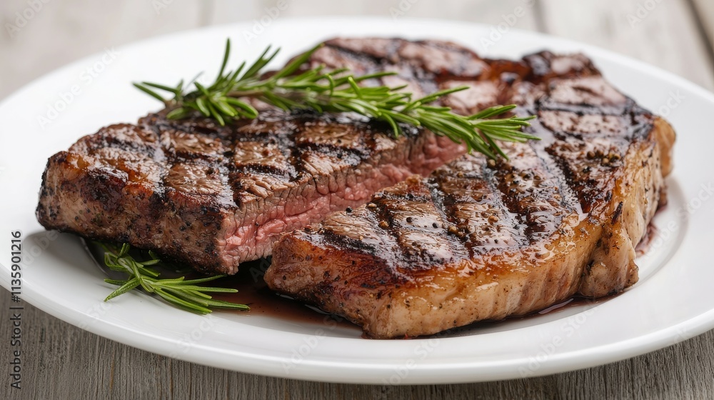 A plate of grilled steaks garnished with fresh rosemary. A plate of grilled steaks garnished with fresh rosemary.