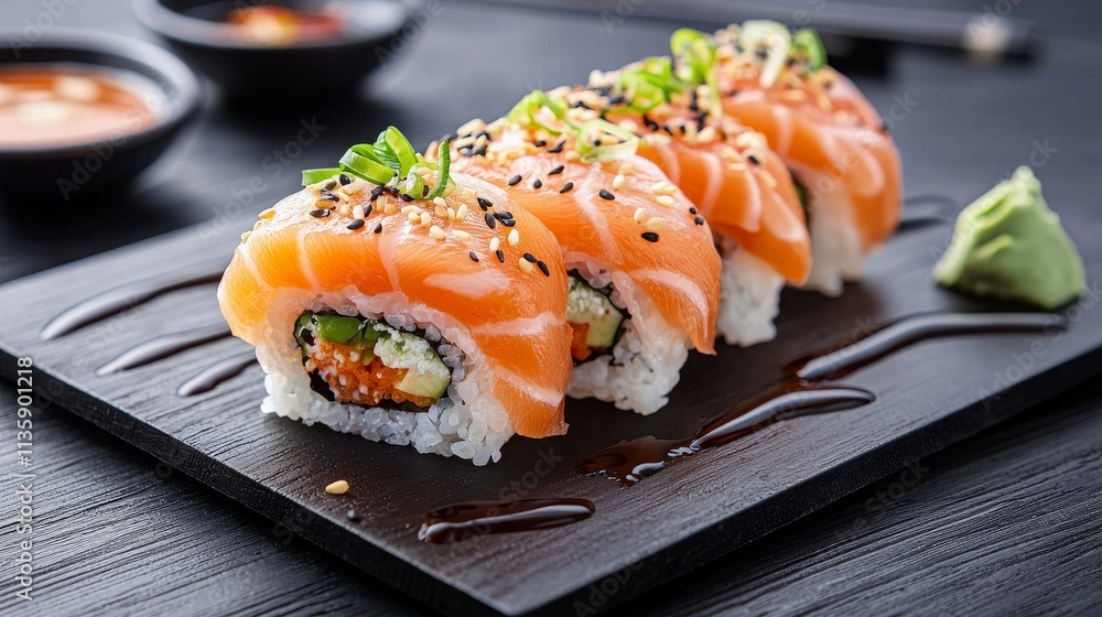 A plate of sushi featuring salmon, rice, and garnishes, served with sauces. A plate of sushi featuring salmon, rice, and garnishes, served with sauces.