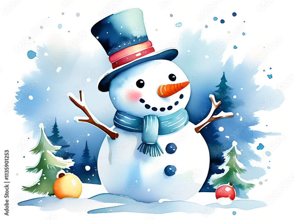 Whimsical Snowman: Playful & Inviting Lighting - Watercolor Clip Art Vector Image on Flat White Background Whimsical Snowman: Playful & Inviting Lighting - Watercolor Clip Art Vector Image on Flat White Background